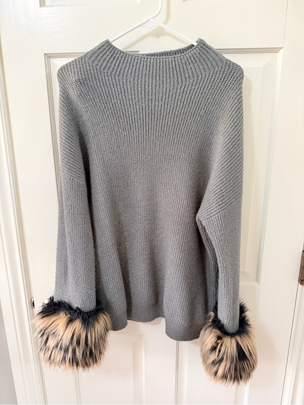 Sax Fifth Avenue | Gray Knit Sweater with Faux Fur Cuffs